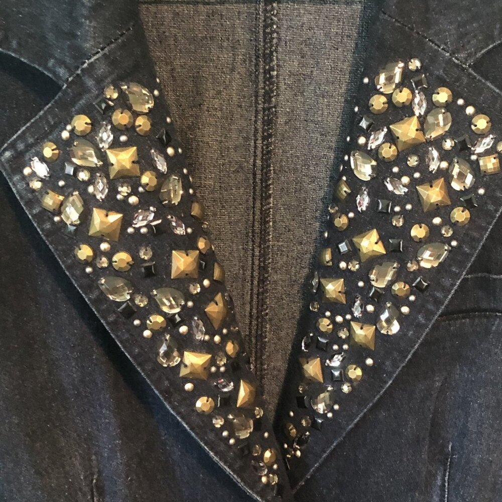 DG2 Diane Gilman Black Denim Blazer Jacket Size 2X Rhinestones Bejeweled Studded - Picture 3 of 12